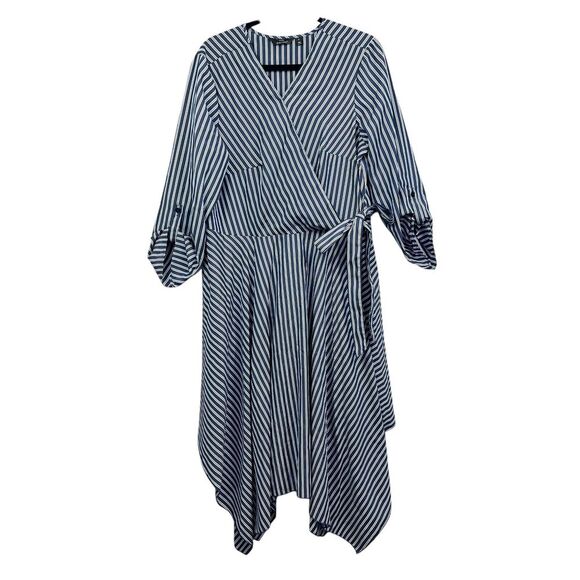 Mlle Gabrielle Womens Midi Dress‎ Faux Wrap Striped Handkerchief Hem Blue Sz 1X - Picture 1 of 5